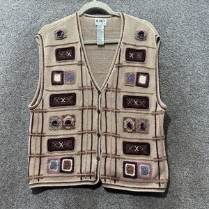 Koret Button Up Sweater Vest Women M Petite Brown Patchwork Knit Cottage Artsy